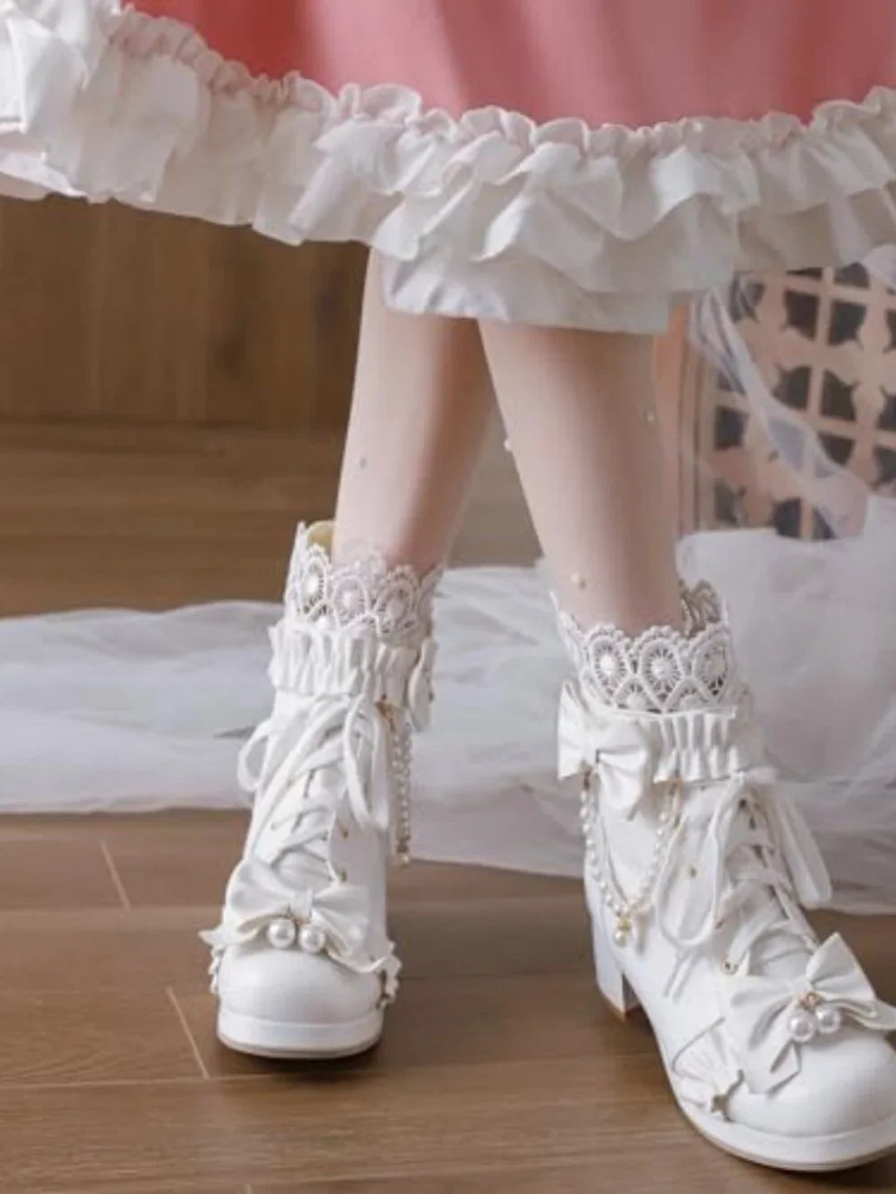 Chunky Mid Heel Lace Up Booties with Bow Platform Fashion Boots